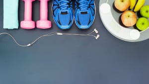dumbbells gym shoes earphones food