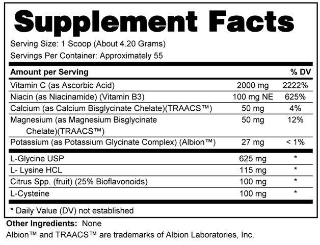 Supplement facts forHealing Support C 231 Grams
