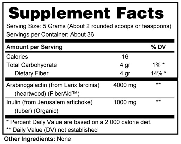 Supplement facts forPrebiotic Plus 180 Grams