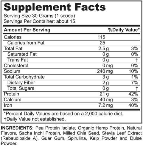Supplement facts forVegan Protein Vanilla 1lb/454 Grams