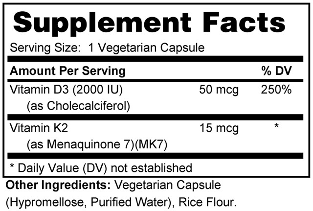 Supplement facts forVitamin D 2000 IU + K2 (Capsules) 100s