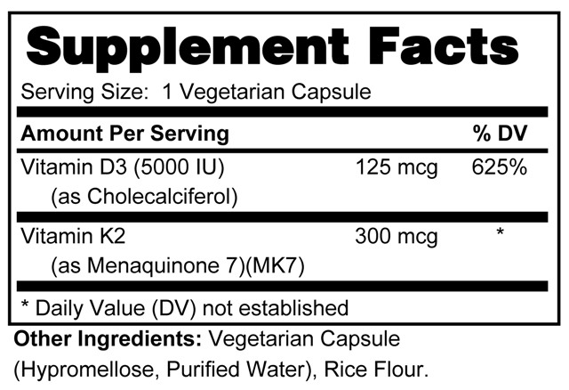 Supplement facts forVitamin D 5000 IU + K2 CAPSULES 100s