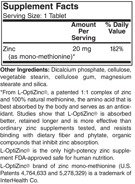Supplement facts forZinc 20mg 100s