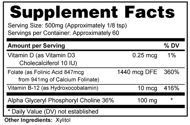 Supplement facts forFolinic Plus Powder 30 Grams