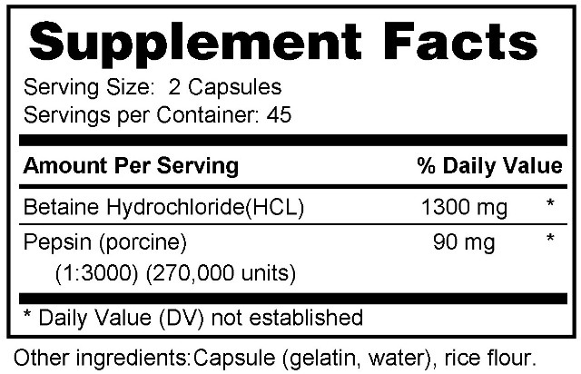 Supplement facts forHCL/Pepsin  90s