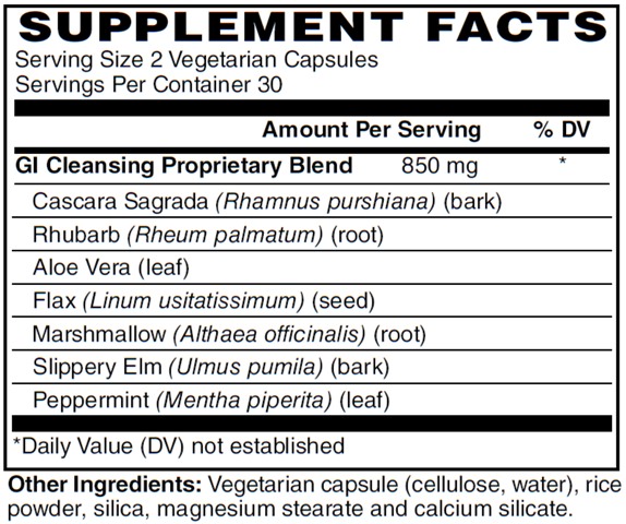 Supplement facts forHerbal Cleanse 60s