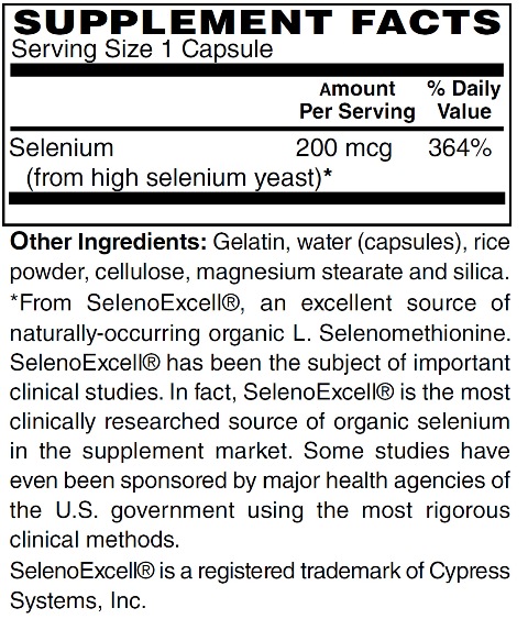 Supplement facts forSelenium 200mcg 60s